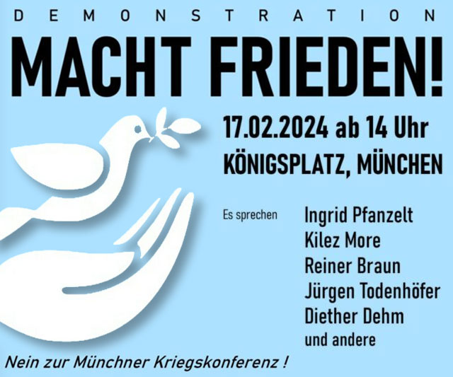 Wir protestieren gegen die NATO-Kriegskonferenz in München. Sei dabei! Jetzt schon teilen und im Kalender vormerken: Kundgebung und Demonstrationszug Samstag 14.02.2026 13:00 Uhr Odeonsplatz, München