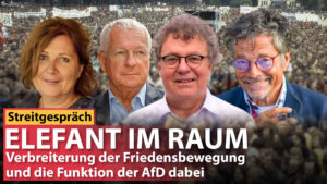 Wir veröffentlichen ein ziemlich einmaliges Experiment: ein freundschaftl. Streitgespräch mit Patrik Baab, Diether Dehm, Patrik Köbele und Anette Sorg über die Verbreiterung der Friedensbewegung und die Funktion der AfD dabei