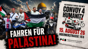 Ein großer Auto-, Motorrad- und Fahrrad-Korso fuhr quer durch Bremen. Für Gaza! Für Palästina! Die Reaktionen am Straßenrand reichten von Gleichgültigkeit bis zu großer Zustimmung und Unterstützung.