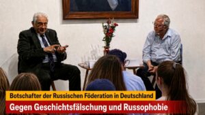 Gespräch mit dem Botschafter der Russischen Föderation, Sergej J. Netschajew vom 30. August 2026 im Rahmen der UZ Friedenstage in Berlin. Es wurde geführt von dem Publizisten Dr. Arnold Schölzel